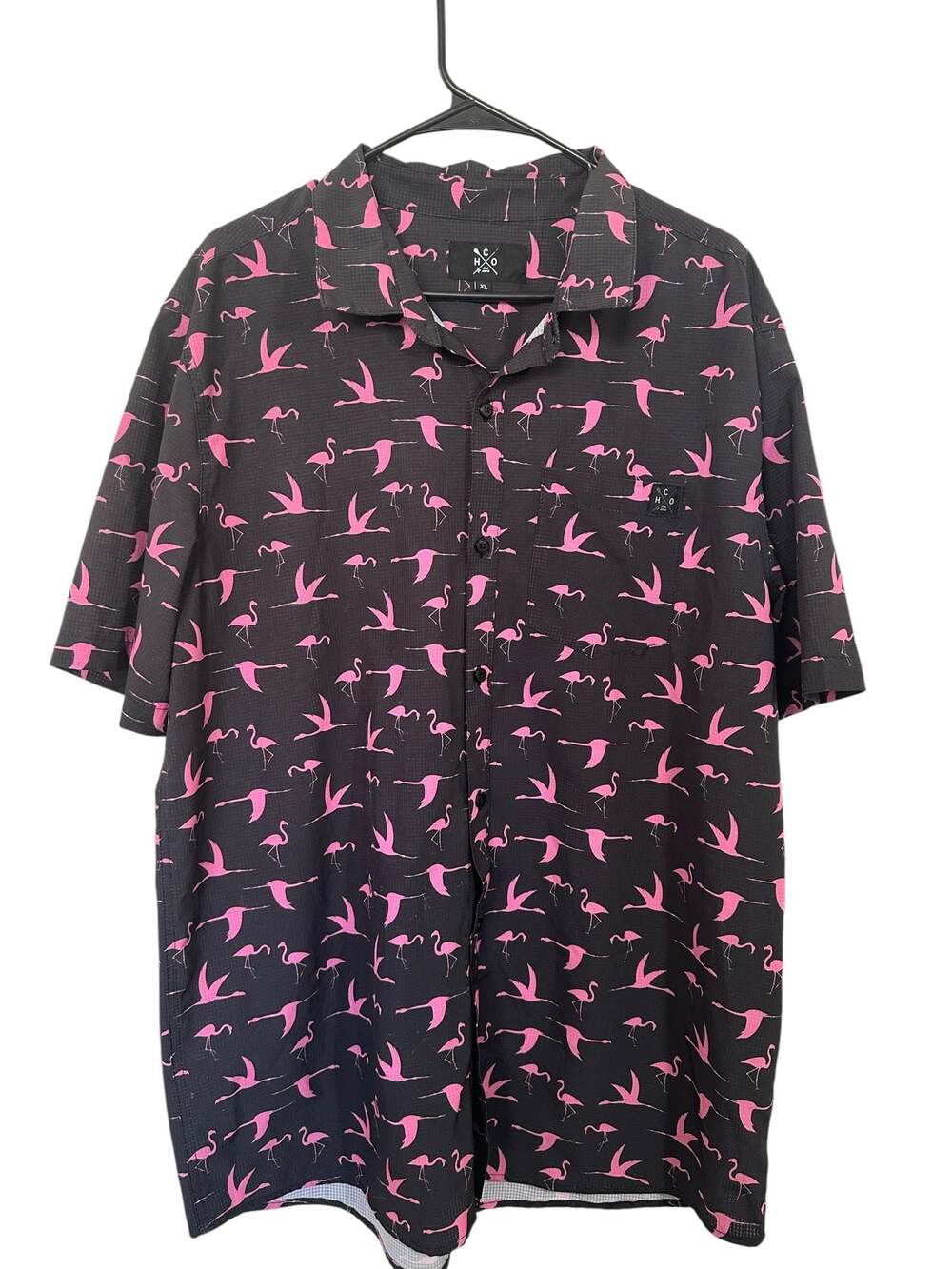 C|HO Est 2016 Men's Black Flamingo Print Short Sleeve Button Down Shirt Size XL